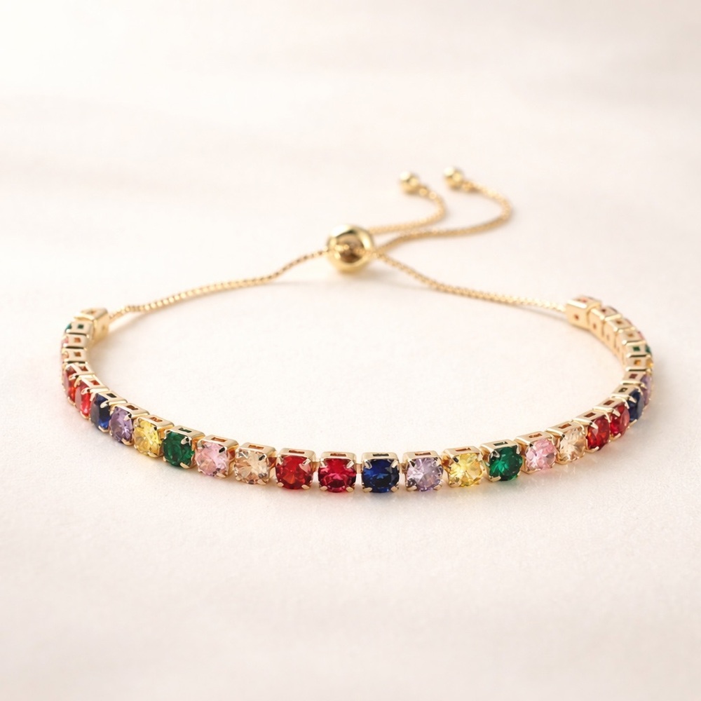 Multi-Color Crystal Diamond Bolo Bracelet in Goldtone